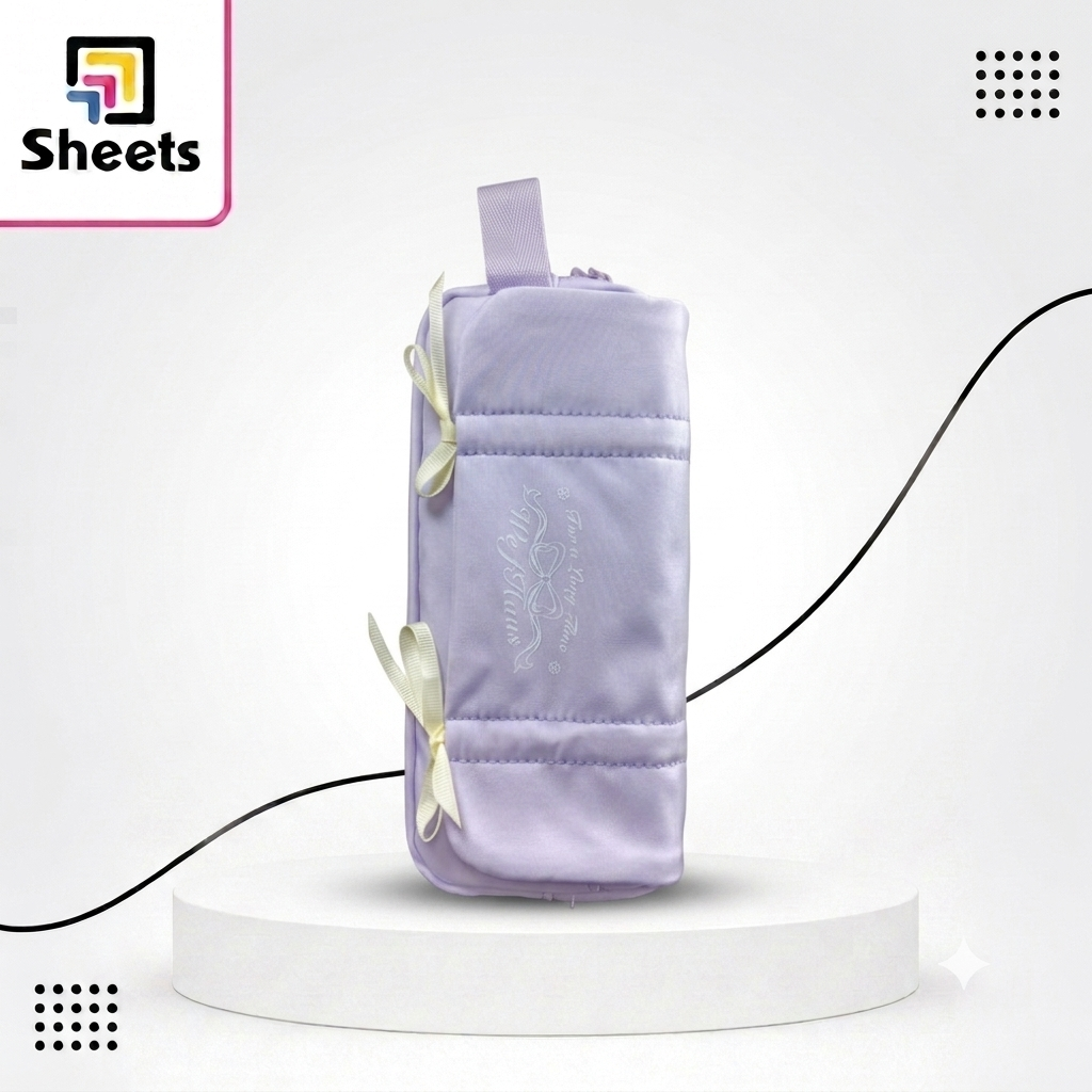 Code 9526 - مقلمه رقم 036 Sheets Quilted Soft Fabric Pencil Case with Side Bows – Purple - Image 1