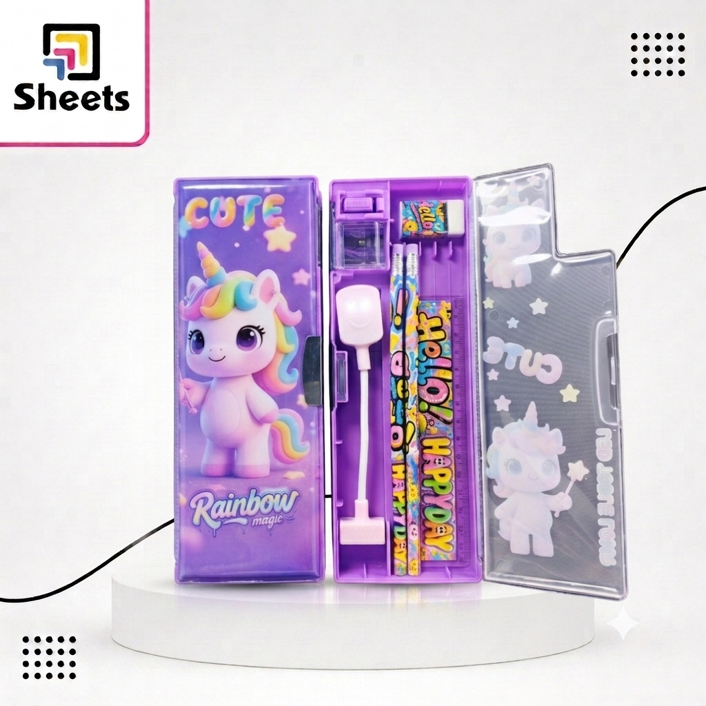 Code 9689 - Gtin 6970570817558 - مقلمه مغناطيس برايه (5) Purple Unicorn Magnetic Pencil Case with Sharpener - Image 1