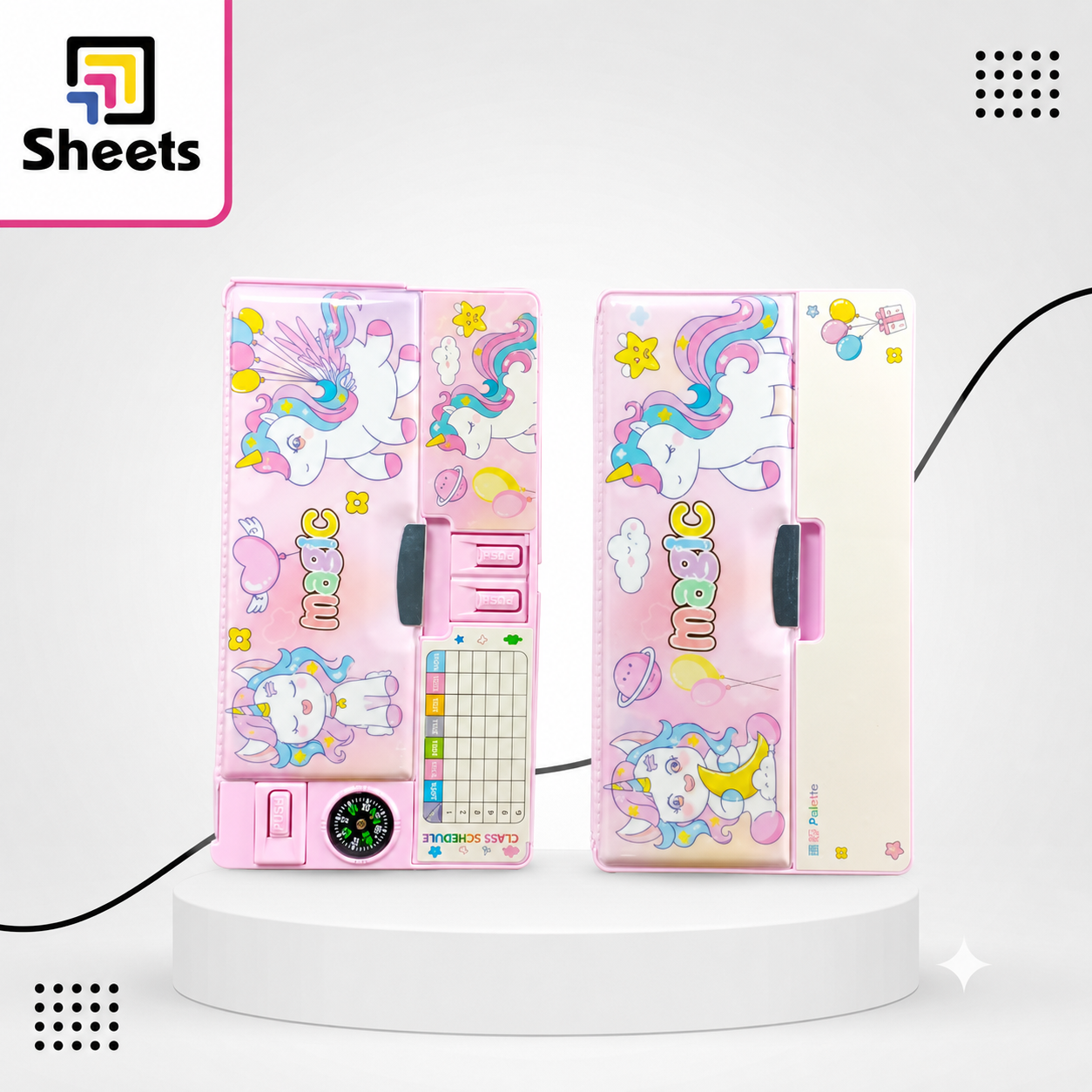 Code 9697 - Gtin 697057816612 - مقلمه مغناطيس بوصله ديزني (1) Magnetic Pencil Case with Compass – Magic Unicorn | مقلمة مغناطيس مع بوصلة – يونيكورن السحري - Image 1