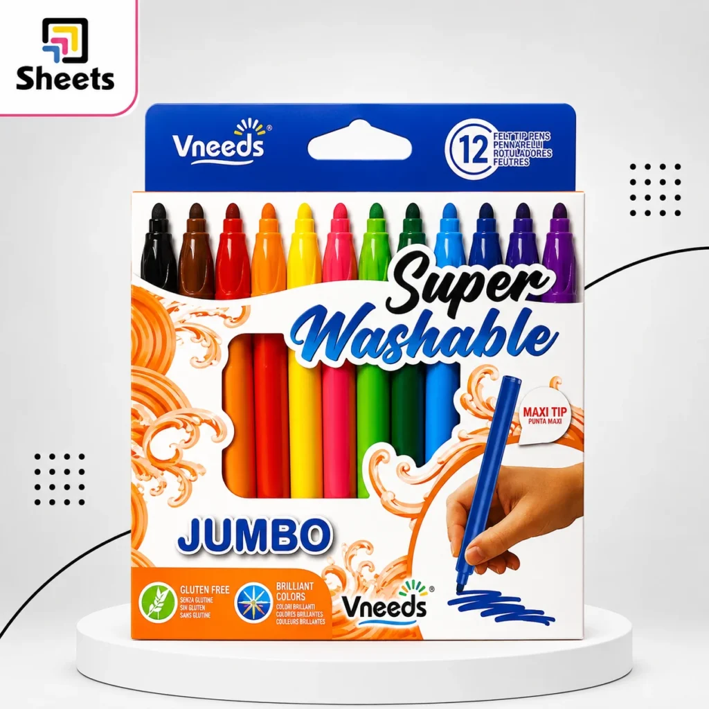 Vneeds Jumbo Super Washable Maxi Tip Markers – 12 Colours