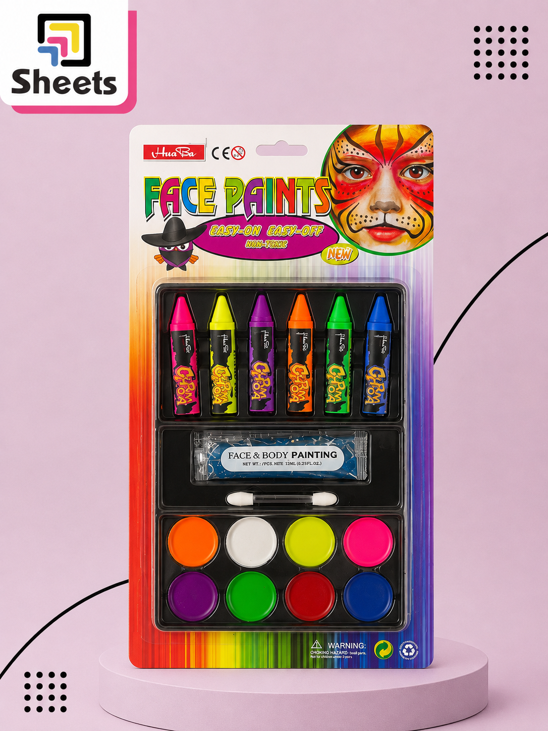 10381 - ( كود 10381 ) - ( القسم ادوات مكتبية ) - ( الصنف 6Face paintقلم 6حجاره ) سعر البيع 130 Hua Ba Face Paint Set – 6 Crayons + 8 Colors - Image 1