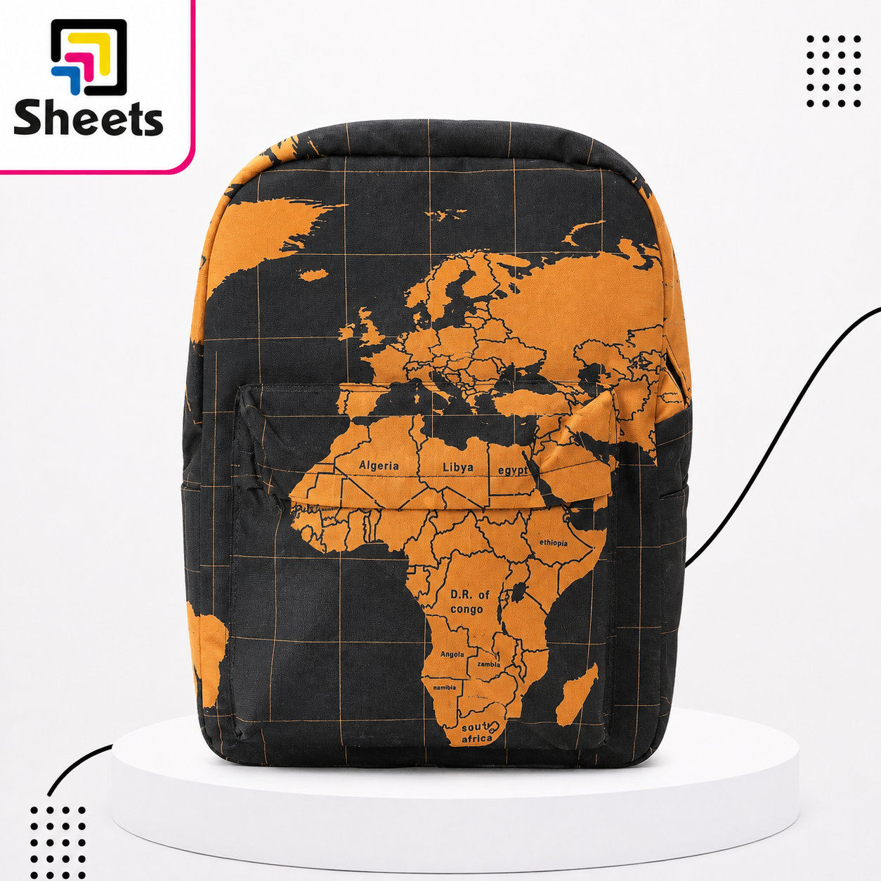 4620 - ( كود 4466688 ) - ( القسم Gift Shop ) - ( الصنف Dot Printed Bag Large ) سعر البيع 530 (3) Dot World Map Printed Large Backpack – Black & Orange - Image 1