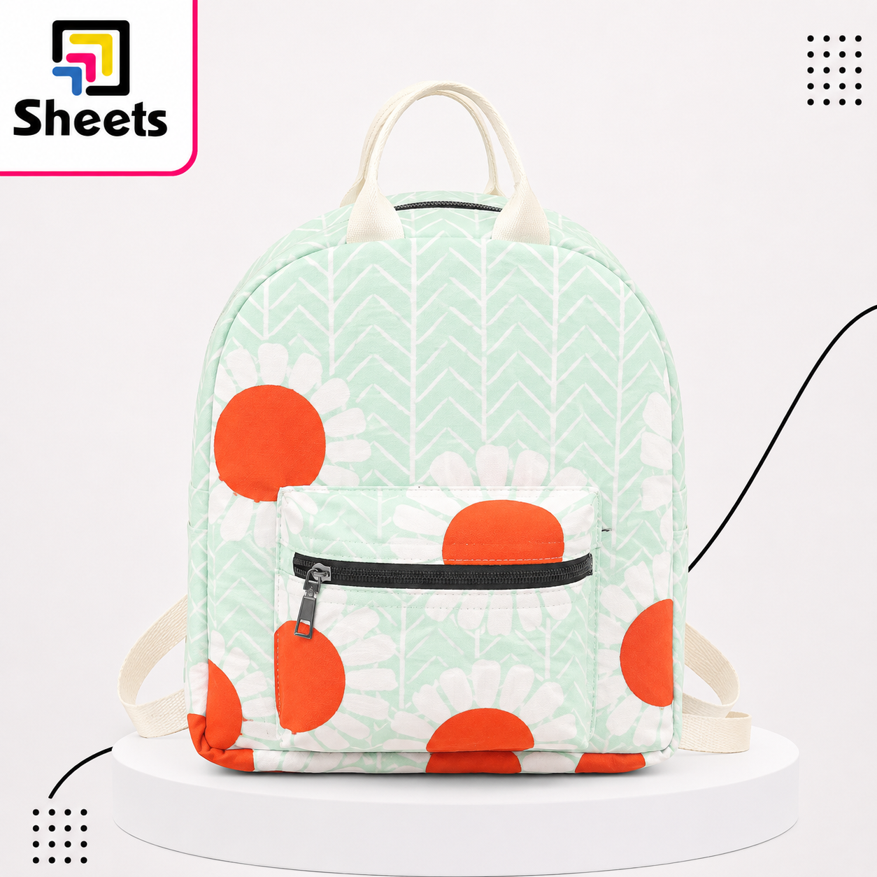 4621 - ( كود 3826334 ) - ( القسم Gift Shop ) - ( الصنف Dot Printed Bag-Mini ) سعر البيع 430 Dot Floral Printed Mini Backpack – Mint Green & Orange - Image 1