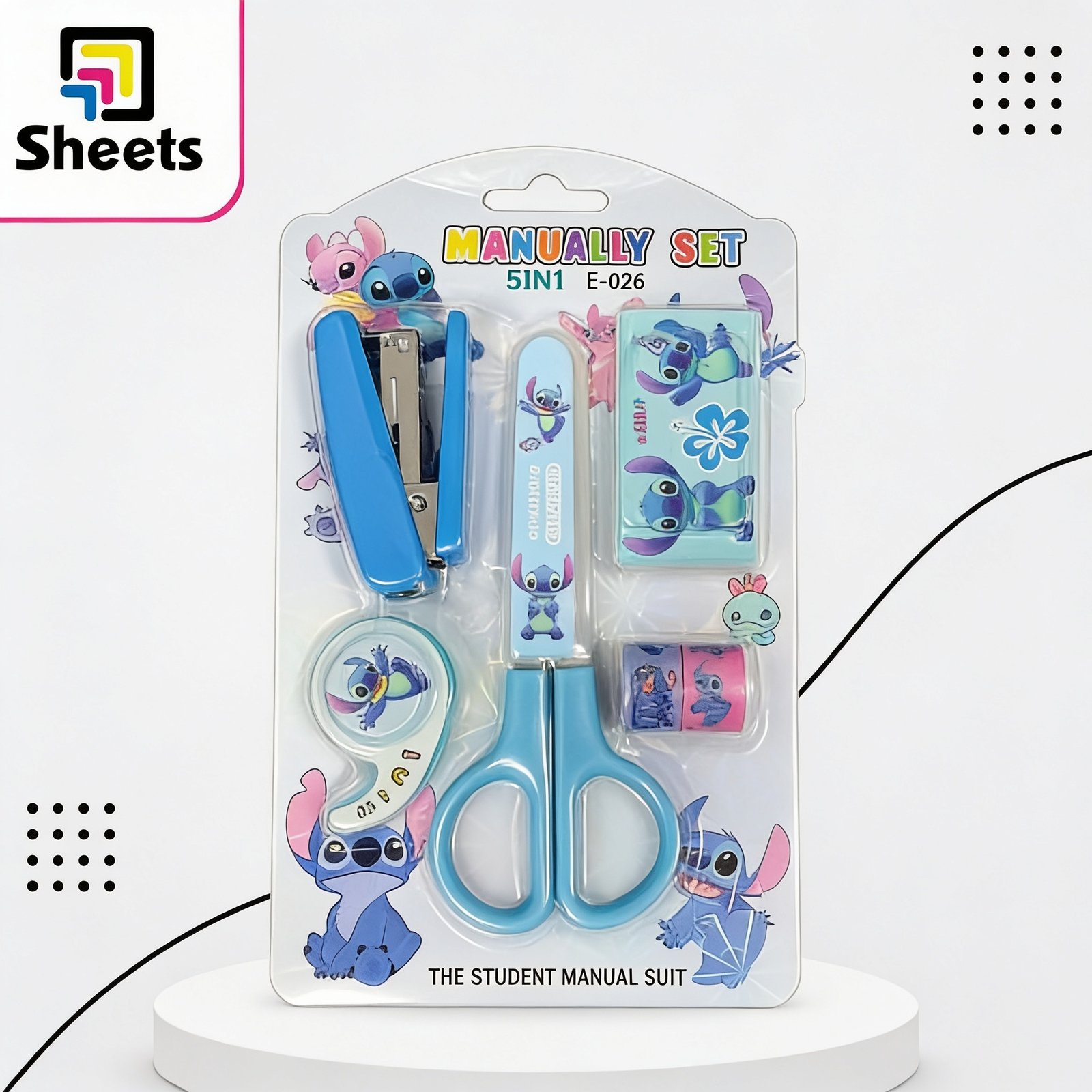 8355 - ( كود 8355 ) - ( القسم ادوات مكتبية ) - ( الصنف طقم مقص و دباسة Manually Set ) سعر البيع 100 Stitch 5-in-1 Stationery Set – Blue - Image 1