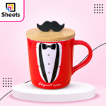 Porcelain Mug with Bow Tie & Mustache Lid – Elegant Man Design (Red)