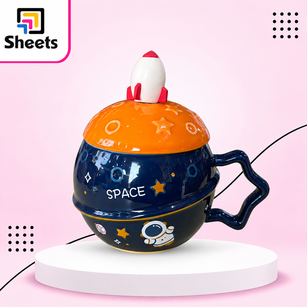 3922 - ( كود M11001 ) - ( القسم Gift Shop ) - ( الصنف Porcelain Mug-Rocket-Dark Blue ) سعر البيع 285 Porcelain Mug with Rocket Lid – Space Design (Dark Blue & Orange) - Image 1