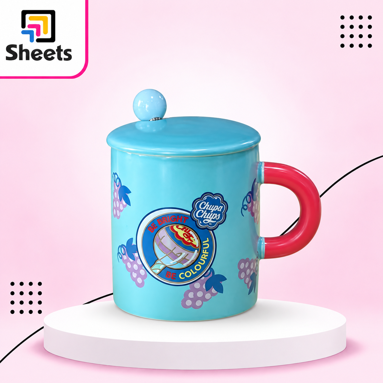 5364 - ( كود m12086 ) - ( القسم Gift Shop ) - ( الصنف Porcelain Mug - Strawberry ) سعر البيع 340 (2) Chupa Chups Strawberry Porcelain Mug with Lid – Light Blue - Image 1