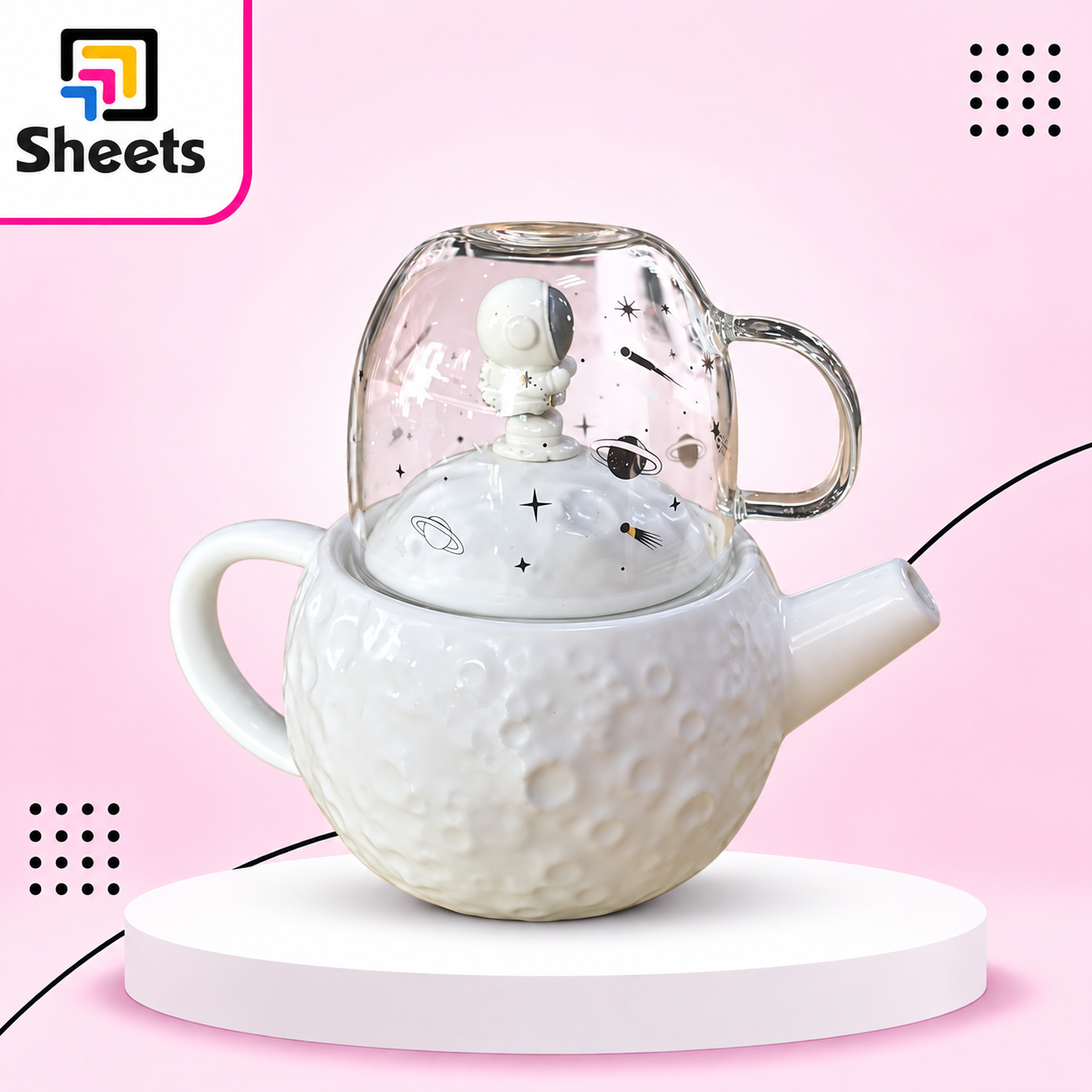5398 - ( كود C12120 ) - ( القسم Gift Shop ) - ( الصنف Tea Pot with Cup ) سعر البيع 585 Astronaut Moon Tea Pot with Glass Cup – White Space Design - Image 1