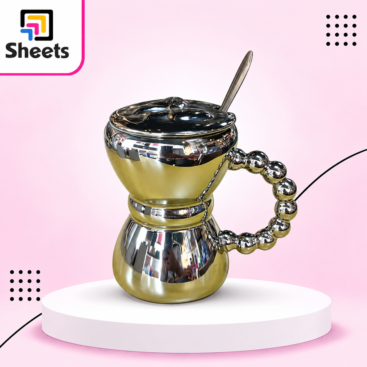 8493 - ( كود 8493 ) - ( القسم Gift Shop ) - ( الصنف Porcelain-Mug-Papion ) سعر البيع 290 (2) Elegant Metallic Porcelain Mug with Lid & Spoon – Silver - Image 1