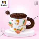 Porcelain Sandwich Mug with Spoon, Cover & Decorative Magnets – White & Brown