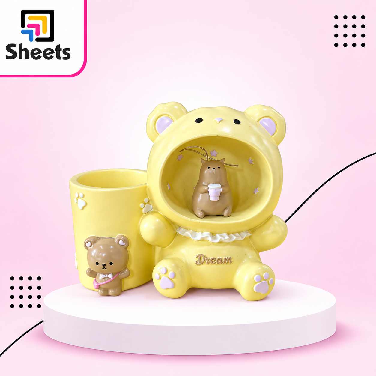 8591 - ( كود 8591 ) - ( القسم Gift Shop ) - ( الصنف Small Pen Holder Lights ) سعر البيع 265 Small Bear-Shaped Pen Holder with Lights – Yellow - Image 1