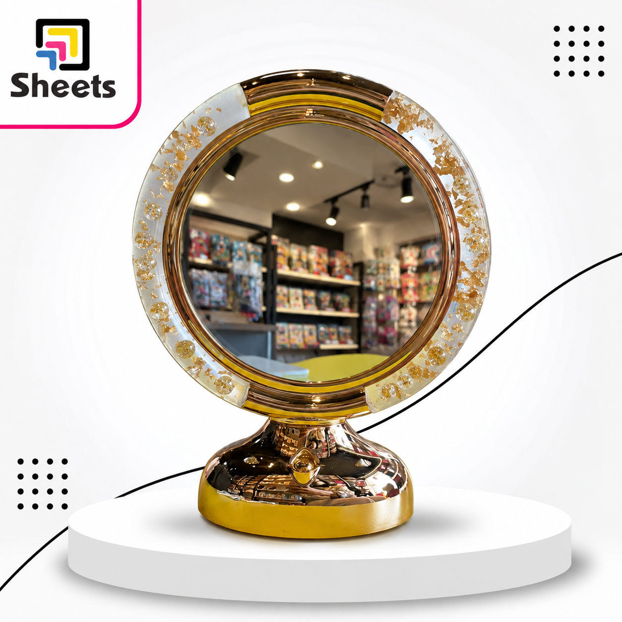 9356 - ( كود 9356 ) - ( القسم Gift Shop ) - ( الصنف مراية سحري ريزن دايرة - قلب - كيرف ) سعر البيع 480 Electric Magic Resin Mirror Photo Frame – Round Gold Design with Stand - Image 1