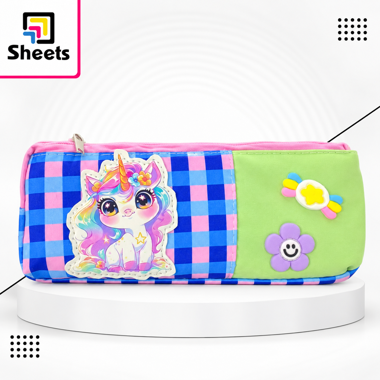 9531 - ( كود 9531 ) - ( القسم ادوات مكتبية ) - ( الصنف مقملمه رقم 1330 ) سعر البيع 130 Unicorn Fabric Pencil Case– Blue, Pink & Green - Image 1