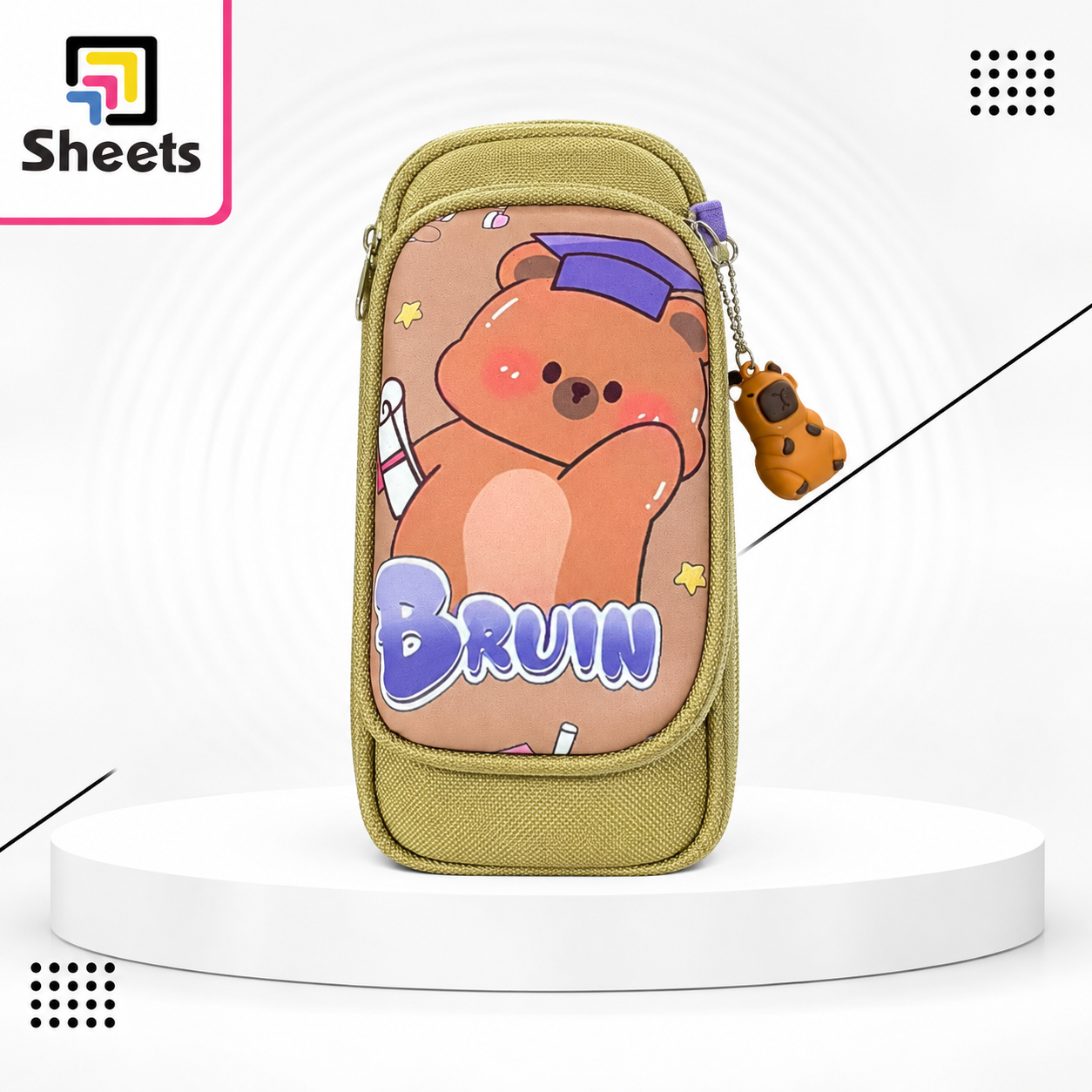 9679 - ( كود 9679 ) - ( القسم ادوات مكتبية ) - ( الصنف مقلمه قماش 2 سوسته وجيب ) سعر البيع 210 (2) Brown Bear Fabric Pencil Case with 2 Zippers & Pocket - Image 1