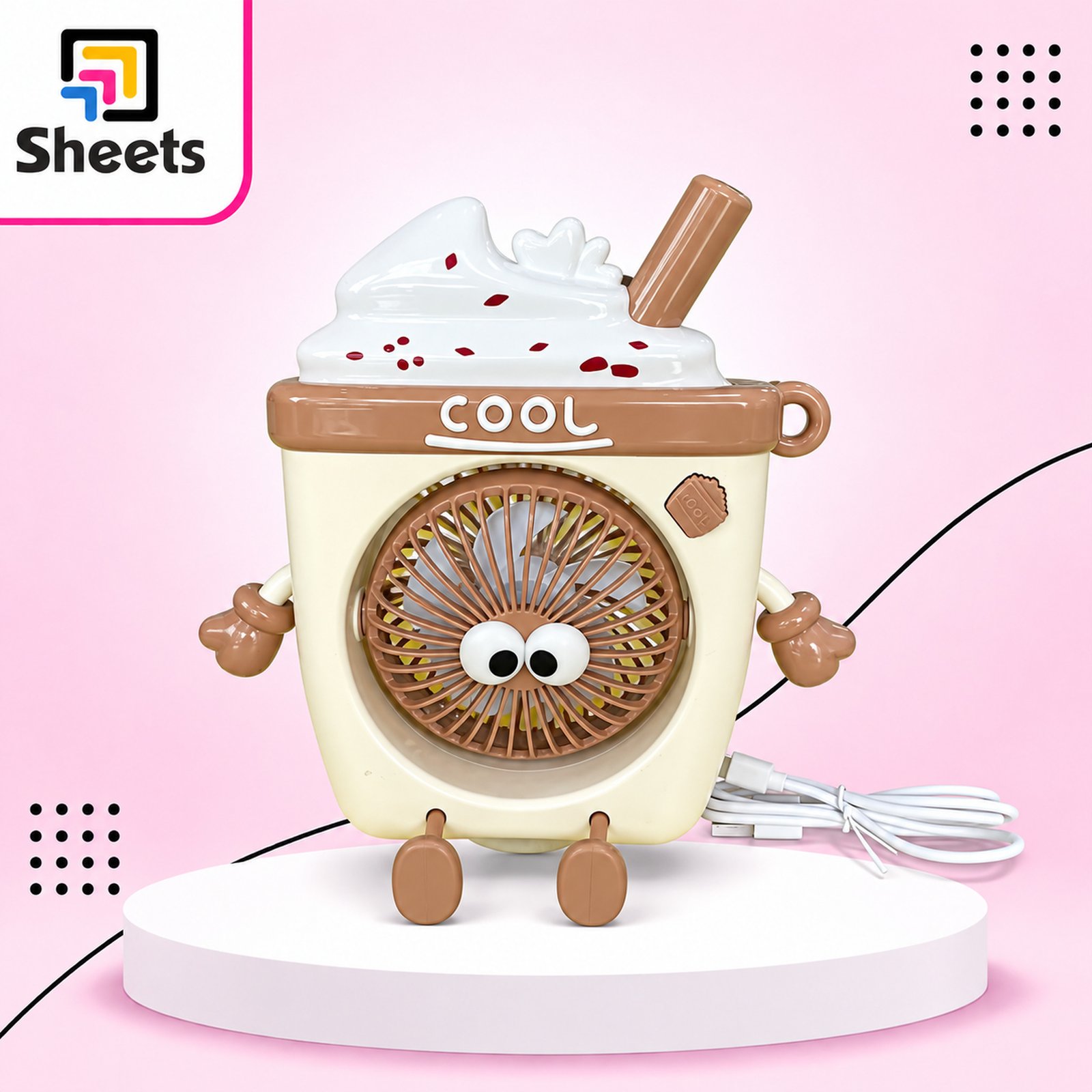 9721 - ( كود 9721 ) - ( القسم ادوات مكتبية ) - ( الصنف مروحه longda ) سعر البيع 450 (2) Longda Cooling Fan – Beige & Brown Drink Design - Image 1
