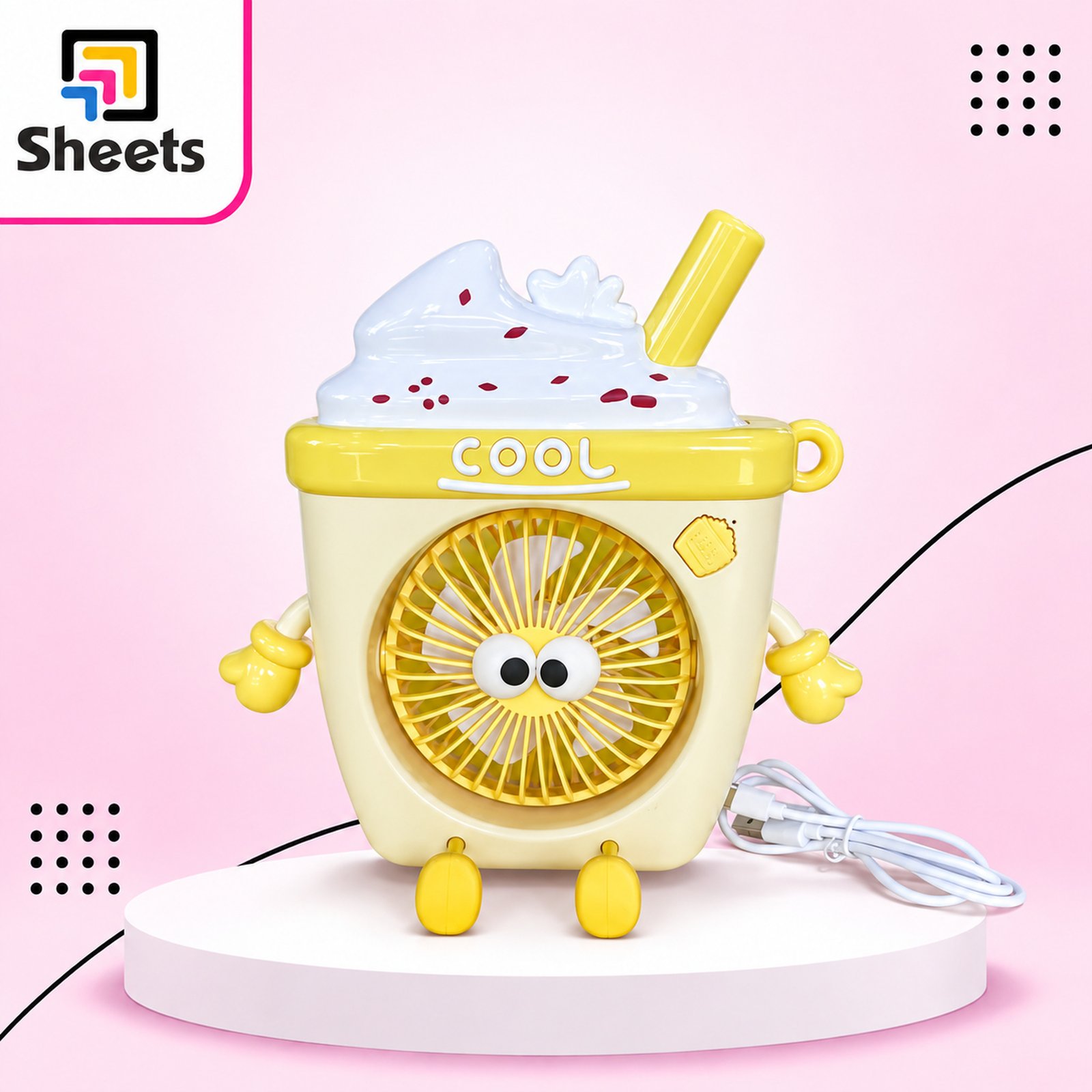 9721 - ( كود 9721 ) - ( القسم ادوات مكتبية ) - ( الصنف مروحه longda ) سعر البيع 450 (3) Longda Cooling Fan – Yellow Drink Design - Image 1