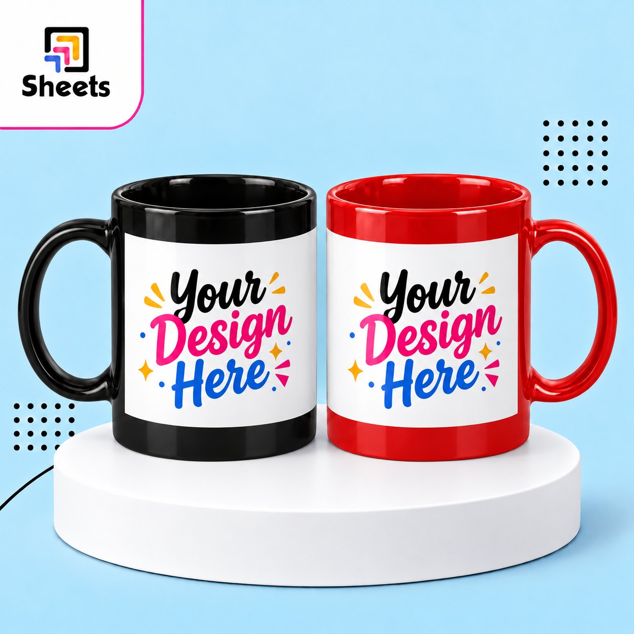 Black and red custom mugs on podium Window Mug - Image 1