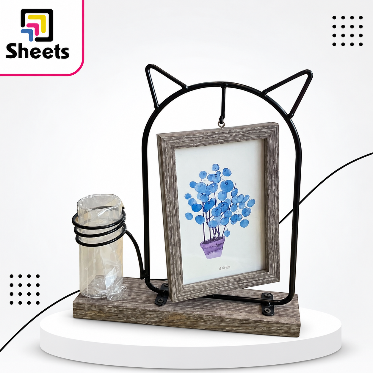 Cat-Eared Photo Display Stand Cat-Shaped Hanging Photo Frame with Glass Vase – 4×6 Inches - Image 1