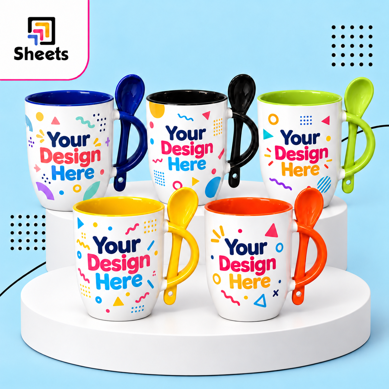Colorful mugs on a two-tier podium Spoon Mug - Image 1
