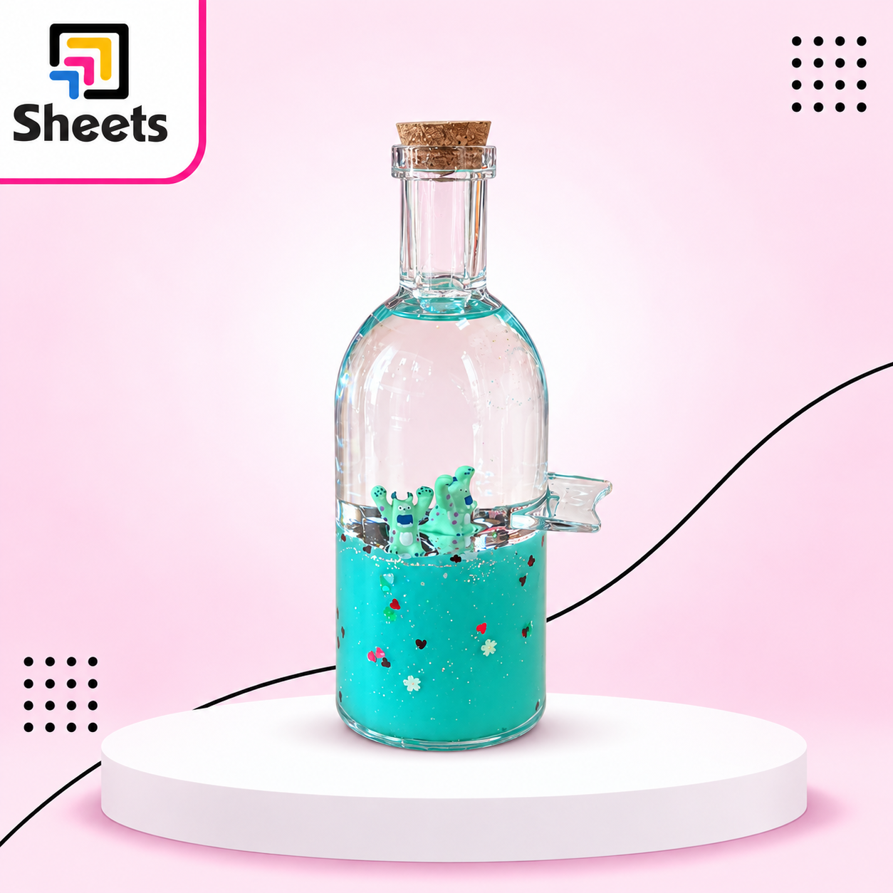 Glitter-filled bottle on a white podium-6 Glass Water Decor – Mint Green - Image 1